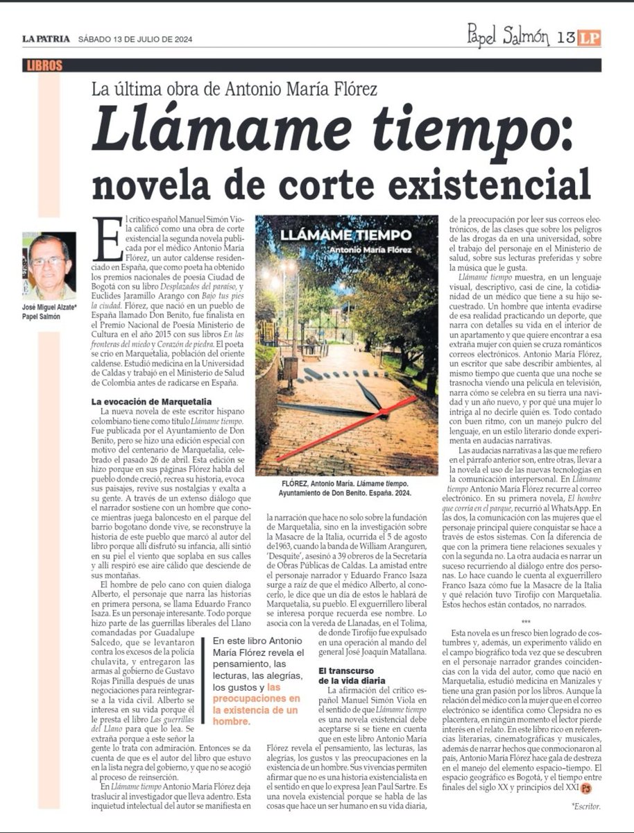 Antoniomaflorez's tweet photo. En Papel Salmón de La Patria sobre Llámame tiempo, José Miguel Alzate @YolandaRegidor @Garciaguilar @LanserosEduardo @HoraAmerica https://t.co/KCDpfszZI8