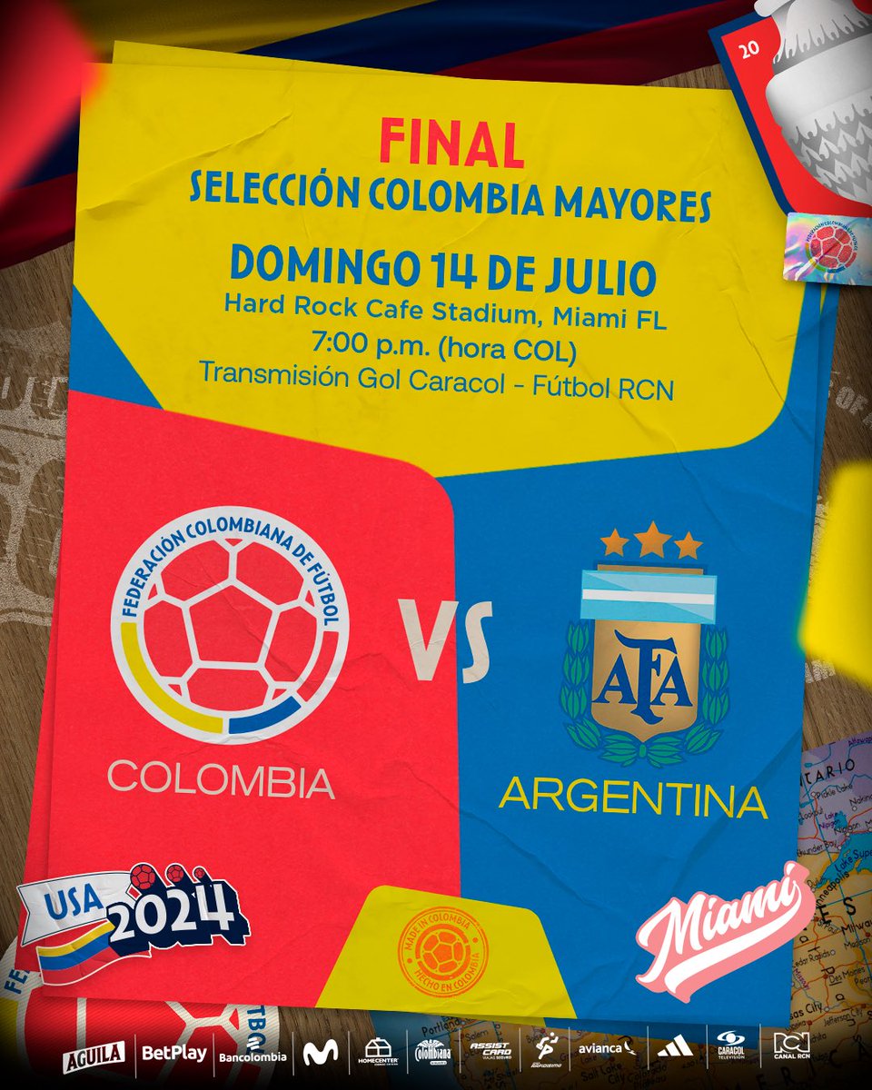 ¡𝑴𝒂𝒏̃𝒂𝒏𝒂 𝒆𝒔 𝒆𝒍 𝒅𝒊́𝒂 𝒔𝒐𝒏̃𝒂𝒅𝒐!

🆚 🇦🇷
🗓 Domingo 14 de julio
🕞 7:00 p.m. (Hora COL)
🏟 Hard Rock Stadium, Miami FL
🏆 FINAL Copa América
📺 <a href="/CanalRCN/">Canal RCN</a> <a href="/GolCaracol/">Gol Caracol</a>

#TodosSomosColombia 🇨🇴