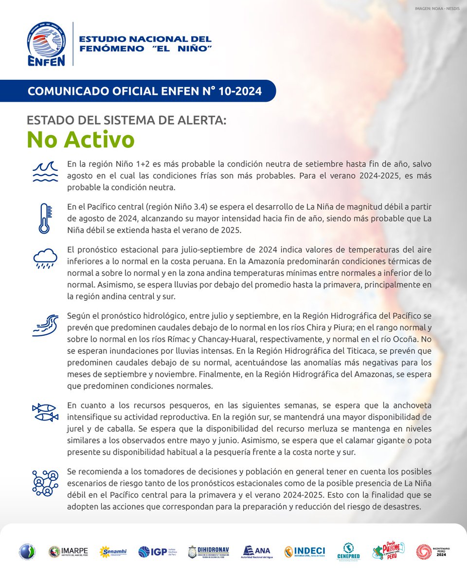 enfenperu's tweet photo. 📣 #ENFEN cambia el estado del sistema de alerta de “vigilancia” a “no activo”. Las anomalías negativas de la temperatura superficial del mar en la costa norte y centro del Perú se mantendrían dentro del rango neutral en los próximos meses.

Comunicado ➡️ https://t.co/rKpYom8e5n https://t.co/B86K7wjWIs
