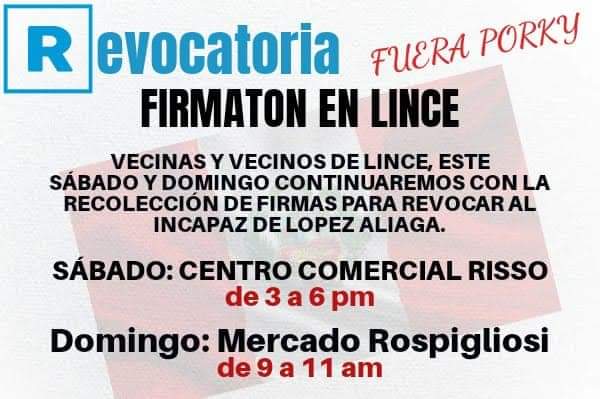 juank23_7's tweet photo. #Firmaton
Revocatoria del alcalde de Lima Metropolitana Rafael López Aliaga y de alcaldes distritales.
Hoy sábado 13 y mañana domingo 14 en: Lince, Surquillo, Villa el Salvador y Huaycán. https://t.co/6Rlt7EUYwY