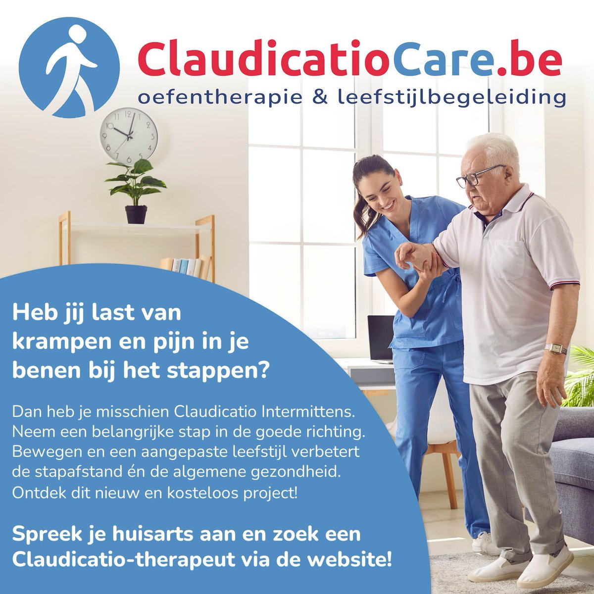 Kies voor oefentherapie en begeleiding als behandeling voor claudicatio intermittens zonder chirurgische ingreep! 
Wil jij deel uitmaken van dit project? 
👉 Ga naar ClaudicatioCare.be voor alle informatie! 
Deel de tweede afbeelding van deze post op je eigen kanalen!