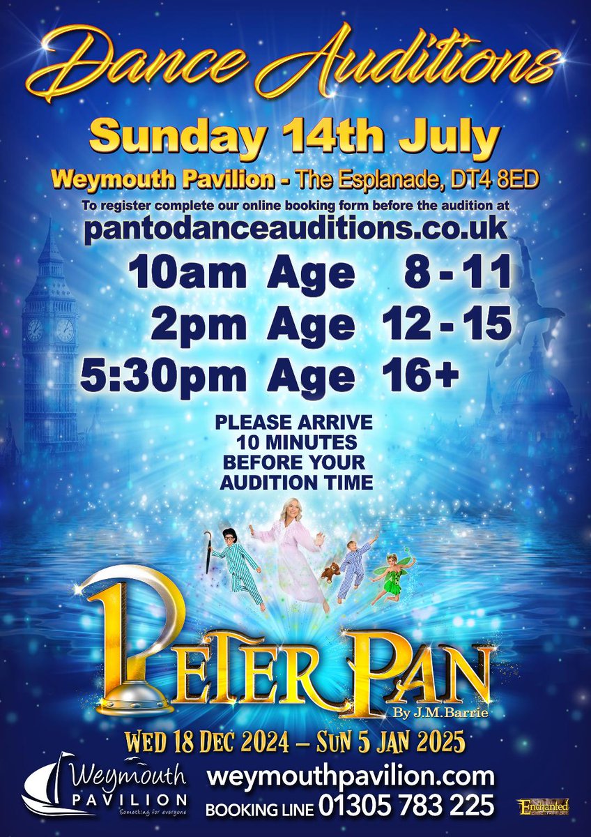 We can't wait to see all our WEYMOUTH dancers tomorrow for the PETER PAN pantomime dance auditions <a href="/weypavilion/">Weymouth Pavilion</a>
Sunday 14th July! 🤩
See poster below for UPDATED audition times... 
All dancers need to pre-register at:
pantodanceauditions.co.uk
See you all there tomorrow! 😀🍀👏🕺💃