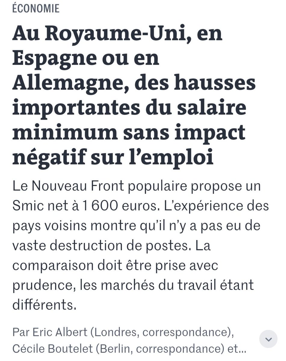 Hausse du Smic depuis 2018 :
- France 18%
- Pays-Bas 31%
- Irlande 33%
- Allemagne 36%
- Espagne 54%
Même si comparaison n'est pas raison, il semble établi que d'importantes hausses soient sans impact négatif sur l’emploi. Ça tombe bien, c'est dans le programme du NFP. 😇