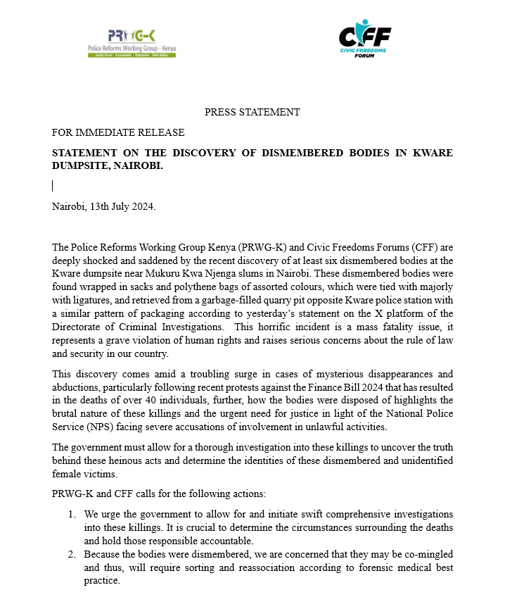 AmnestyKenya's tweet photo. 1/1: Joint statement on discovery of dismembered bodies in Kware dumpsite, Nairobi https://t.co/XgGAVgBKKl https://t.co/YDG19b4qTX