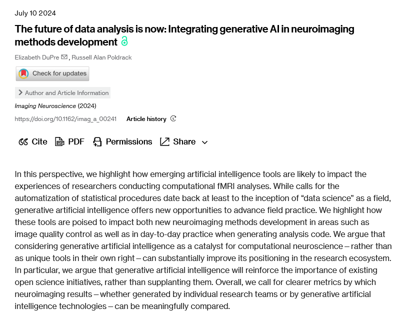 Neuro_Skeptic's tweet photo. The future of data analysis is now: data science and generative AI in neuroimaging methods development https://t.co/T8UWFTqYVv From @emdupre_ and @russpoldrack "Most researchers lack necessary data science training" https://t.co/H9qGSBkHCE