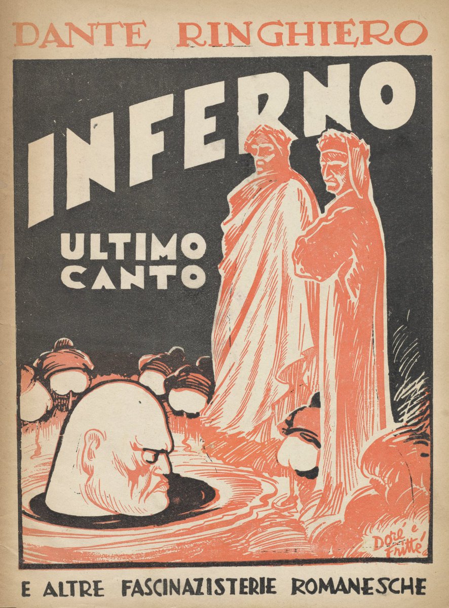 Italian anti-fascist pamphlet from the Second World War (1944) showing Dante and Virgil watching Mussolini in hell.