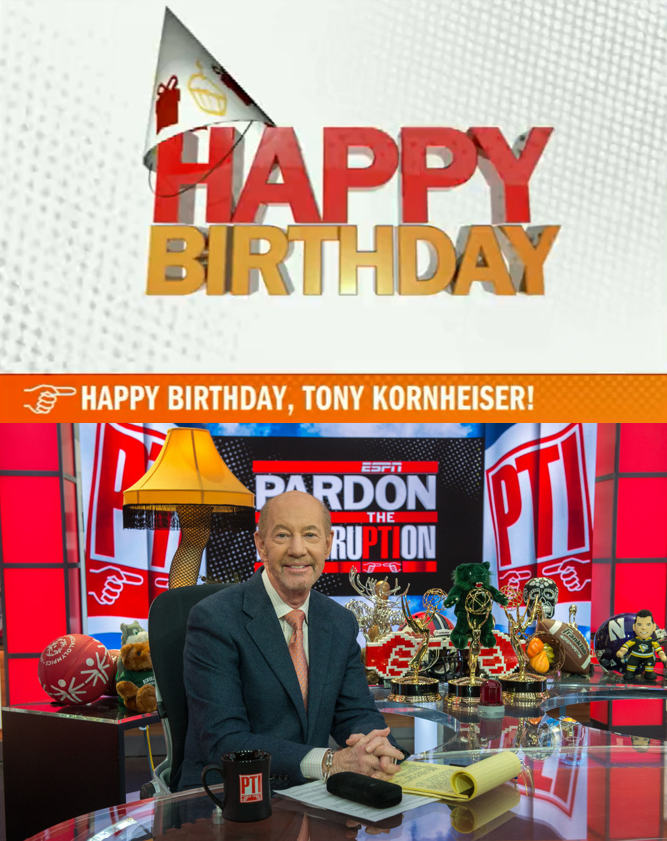 bhofheimer_espn's tweet photo. No show today but very happy birthday to @PTI's Tony Kornheiser.

Tony's been associated w/ ESPN since the 1990s and the early days of The Sports Reporters. He's hosted on ESPN Radio, been part of Monday Night Football and co-hosted PTI since its inception in 2001 (23 years!). https://t.co/TSZkE9eRUT
