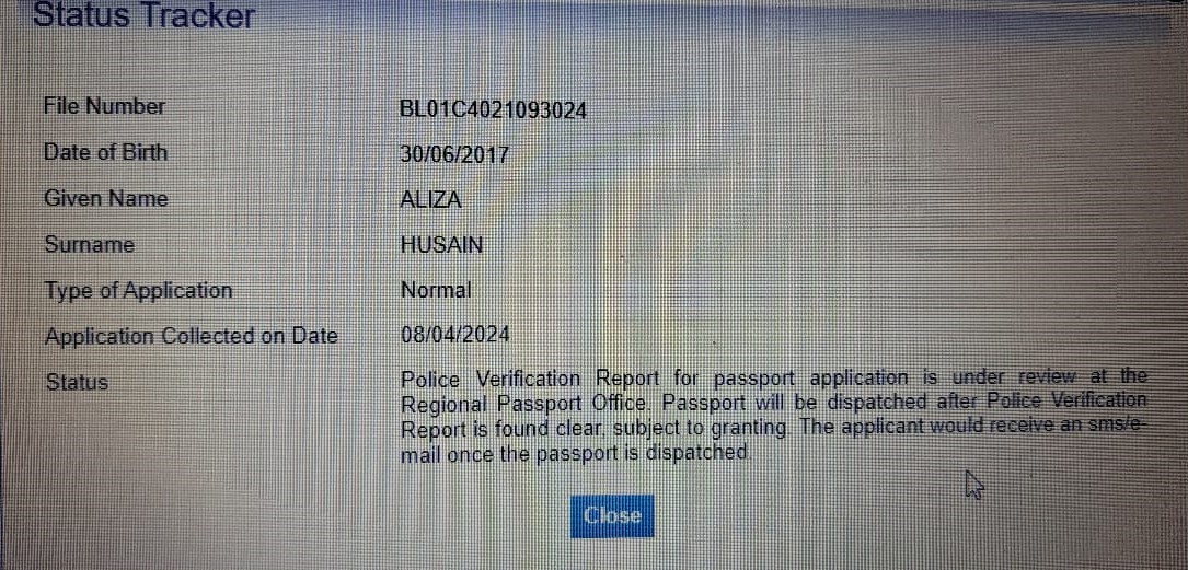 husain_aabil's tweet photo. I am writing to inquire about the status of a passport application I submitted on April 3, 2024, The file number for the application is BL01C4021093024.
 currently shows that the application is pending police verification at the Regional office 
@rpobareilly
@passportsevamea https://t.co/ntUAZe5vJL
