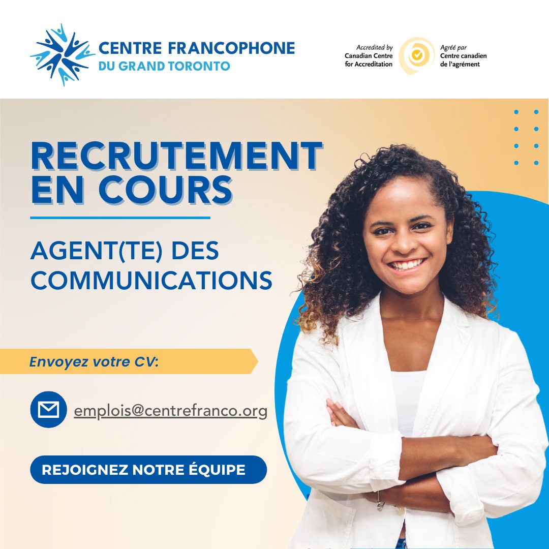 CentrefrancoT's tweet photo. 📢 Recrutement : Agent(e) des Communications ! 🌟
Le @CentrefrancoT est à la recherche d'un(e) Agent(e) des Communications passionné(e) et créatif(ve) pour rejoindre notre équipe !

➡️Si vous êtes expert(e) en communication digitale, création de contenu et stratégie de visibilité, cette opportunité est faite pour vous ! 🌟

🔗Découvrez tous les détails du poste et postulez avant 📅 le 31 juillet ici : https://t.co/SRKBml4P5E 

#Emploi #Communication #CFGT #Toronto #Recrutement