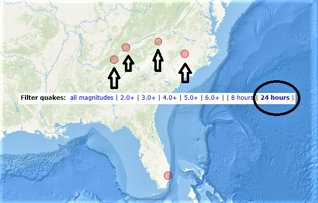 In2ThinAir's tweet photo. 🚨#BREAKING Weird "Arch" Earthquake Pattern Eastern United States! (Images below)
-Latest was a 2.2 at 6km Depth 
(Sparta North Carolina)
-According to community notes this is common but I don't care.
-Attached is a video from 1/17/22 I posted a while back showing a similar "Arch" or crescent earthquake event.
#Sparta #NorthCarolina  #Earthquake #Swarm
