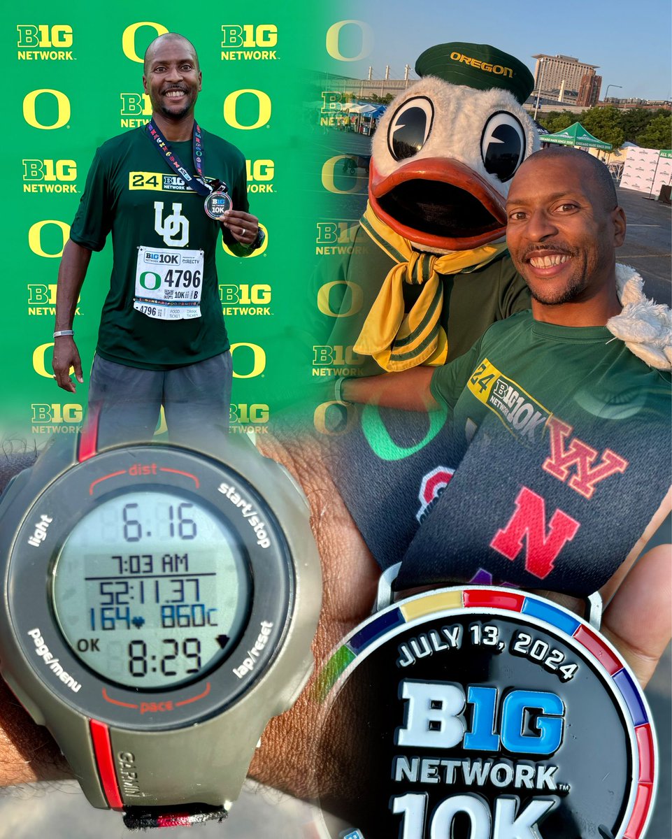 Wilson_Rogers's tweet photo. Desk workers need to stay in shape too. Did my FIRST 10K this AM repin’ ma Ducks! 6.2 miles in 52:07 or 8:23/min mile. Not bad and injuries held up. Would totally do it again. GO DUCKS! #BTNBig10K https://t.co/bBk5u0WBbg