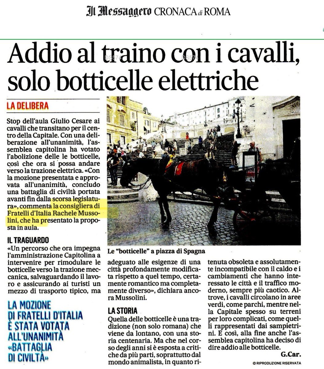 MussoliniR's tweet photo. Approvata all’unanimità la mozione da me proposta per abolire le botticelle a #Roma tutelando così i nostri amici #Equini #bastabotticelle 
#garantedeglianimali 

@FratellidItalia 
@FratelliRoma https://t.co/PJ8AQbVJOS