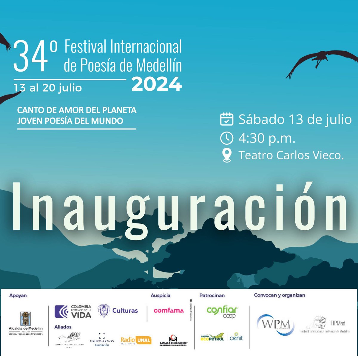 🌬️ Con este acto, lectura de poesía y música, daremos inicio al 34º Festival Internacional de Poesía de Medellín, les esperamos! 

¡Sean bienvenidos a La Fiesta en la Poesía! 

Programación #34FIPMed 📆 goo.su/WaRe9

<a href="/mincultura/">MinCultura Colombia</a> <a href="/AlcaldiadeMed/">Alcaldía de Medellín</a> <a href="/RadioUNAL/">Radio UNAL</a> <a href="/CONFIARCoop/">Confiar Coop</a>