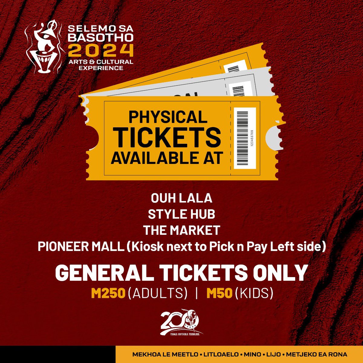 selemosabasotho's tweet photo. Please find your physical tickets in these stores.
.
.
.
.
.
.
.
.
.
.
.
.
#basothoartsandculturalexperience
#selemosabasotho2024
#basotho200
#selemosabasotho🇱🇸🇱🇸🇱🇸 https://t.co/VZP7Ny0g5K