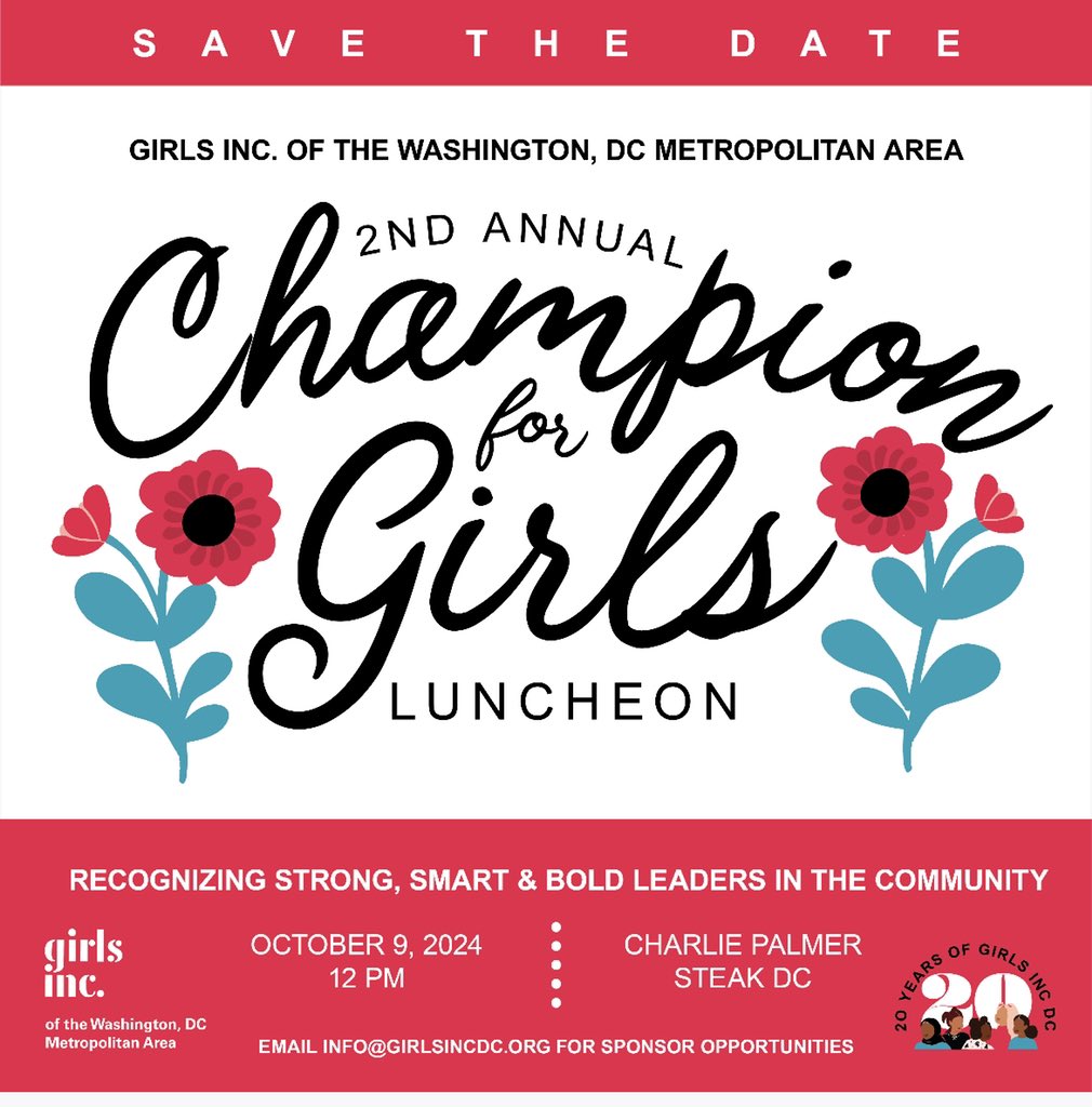 SAVE THE DATE for Oct 9, 2024! 🗓️ Join us for our 2nd Annual “Champion for Girls” Luncheon. Together we’ll celebrate 20 years of #strongsmartbold impact and support generation of powerful girls in a more equitable world.  🎟️Tickets available in August! 📥DM for sponsor opps.