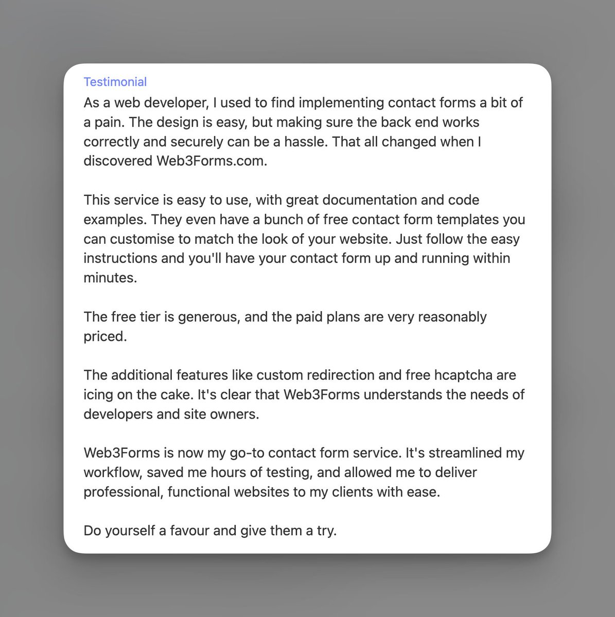 Web3Forms's tweet image. Testimonial from a customer. 
🙏
