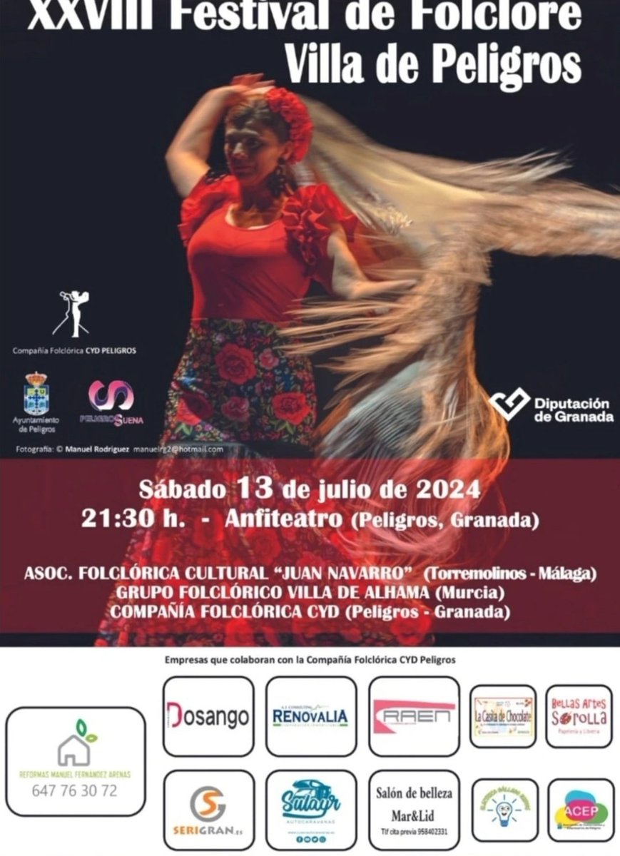Esta noche os esperamos en el Anfiteatro de Peligros a las 21:30h para el XXVIII Festival de Folklore Villa de Peligros
#danza #folclore #folklore #flamenco #bailar #musicafolclorica #patrimoniocultural #espectaculo #granada #peligros #murcia #malaga #torremolinos #alhamademurcia