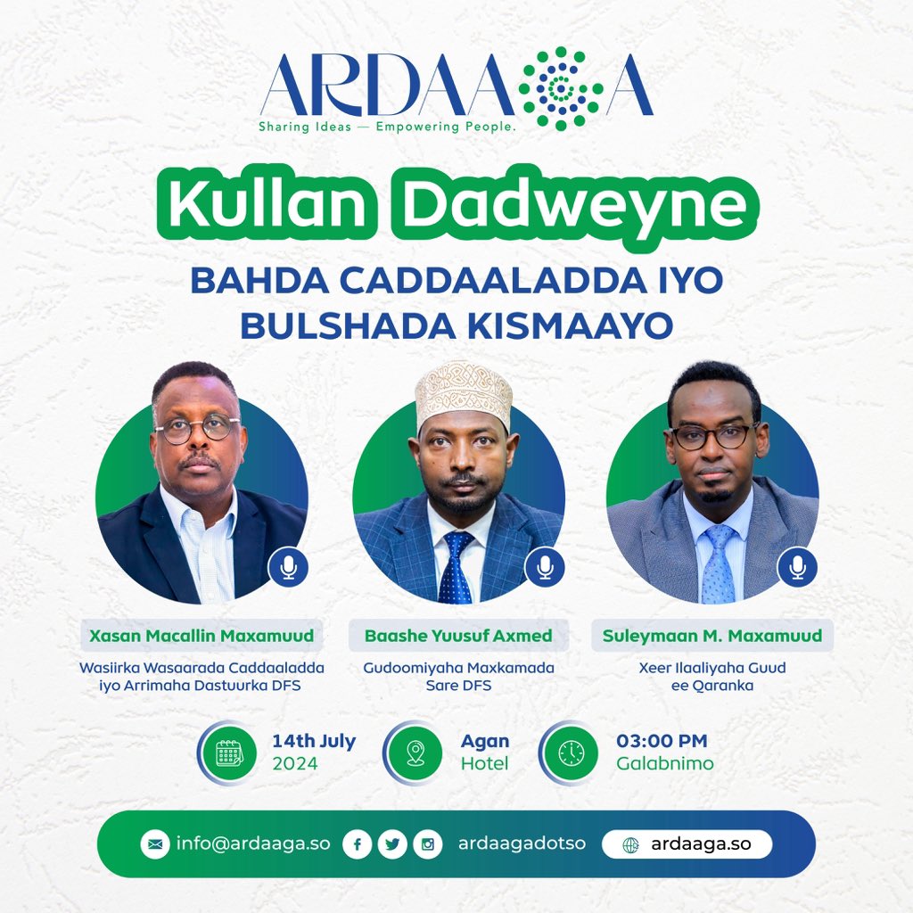 Ardaaga (@ardaagadotso) on Twitter photo Join us for a crucial public forum on justice and community in Kismaayo! Speakers: <a href="/HassansheikhAli/">Hassan Moallin</a>, <a href="/bashe_ahmed/">Hon. Bashe Y. Ahmed</a>, <a href="/SulaymanMohamud/">Sulayman Mohamoud</a>. Let's shape the future of our justice system together! #Justice #Community #Kismaayo #Ardaaga Join us for a crucial public forum on justice and community in Kismaayo! Speakers: <a href="/HassansheikhAli/">Hassan Moallin</a>, <a href="/bashe_ahmed/">Hon. Bashe Y. Ahmed</a>, <a href="/SulaymanMohamud/">Sulayman Mohamoud</a>. Let's shape the future of our justice system together! #Justice #Community #Kismaayo #Ardaaga
