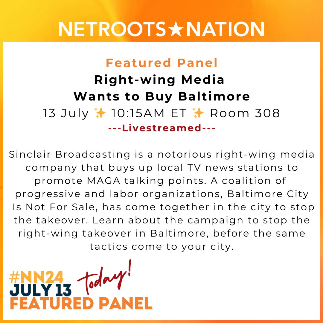 TODAY @ #NN24!
Featured Panel: Right-wing Media Wants to Buy Baltimore
July 13✨10:15AM ET✨Room 308
-Livestreamed-
Courtney Jenkins Pres.<a href="/MDDCStateFed/">Maryland State and DC AFL-CIO</a>, <a href="/emilyasullivan/">emily sullivan</a> <a href="/BaltimoreBanner/">The Baltimore Banner</a>, Joshua Harris VP <a href="/naacpbaltimore/">naacpbaltimore</a>, Larry Stafford Exec. Dir. <a href="/Progressive_MD/">Progressive Maryland</a> &amp; <a href="/odetteramos/">Odette Ramos</a>
