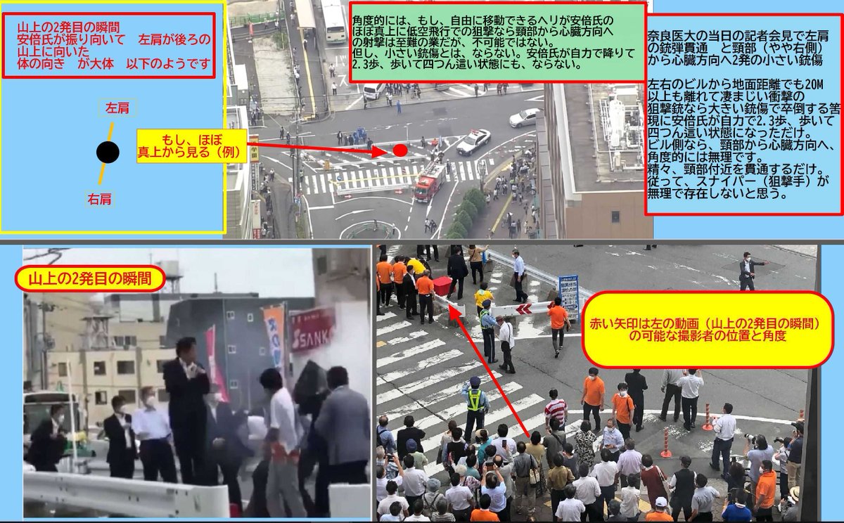 asdzxc58838143's tweet image. 安倍元総理暗殺事件の現場、ゼブラゾーンが撤去された後の現在と当時の演説台等の位置の特定と比較。
また、スナイパー(狙撃手)説に関する解説(映像と安倍氏の位置と体の反応と体の向きと角度により、スナイパーは無理で存在しないと思う)、詳細は下記の4枚の(文字)写真をご参考ください。