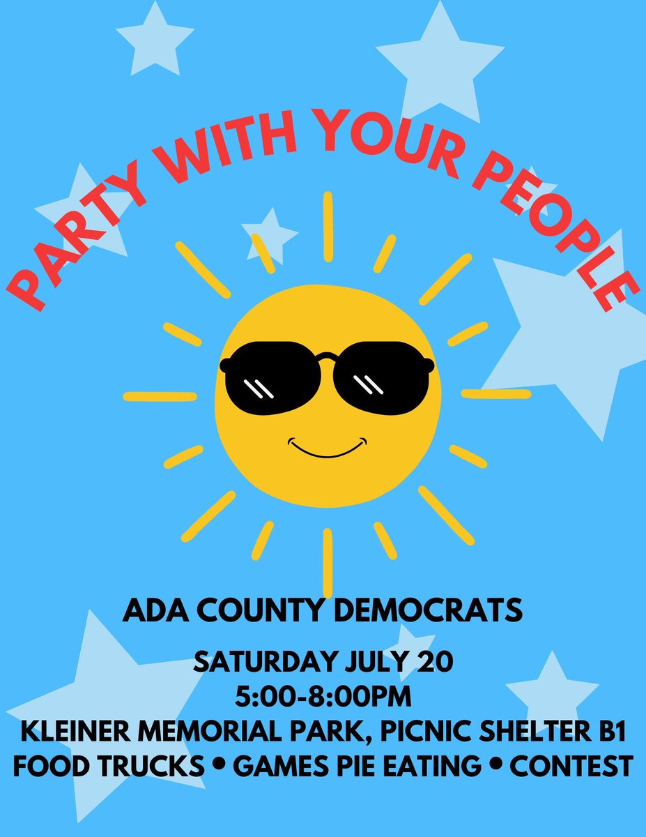 AdaDemocrats's tweet image. Come party with Ada County Dems! Join us for food trucks, games, a pie eating contest, a raffle, and more! Hear from candidates for County offices &amp;amp; meet new friends. General Admission is free! Tokens are on sale for games and more! buff.ly/3WkE1Hz