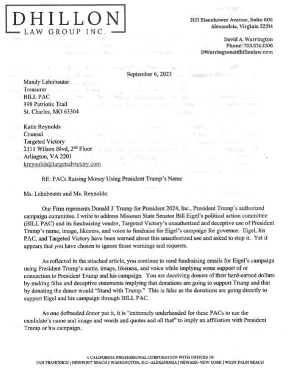 GOPChristianCo's tweet photo. @ToTrumpWoThanks @BillEigel If only people found out about Eigell's PAC tricking Trump supporters into donating to him, that would change. Since July 2023, Eigel's PAC has been collecting money from unsuspecting Trump donors who think their money is going to Trump's campaign. 
This is highly unethical. https://t.co/8R7gQoswnn