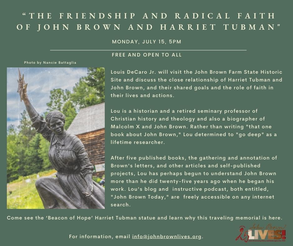 Join us for a talk with Louis DeCaro Jr. at the John Brown Farm State Historic Site this Monday at 5pm and if you haven't already, soak up the beautiful Harriet Tubman sculpture, by Wesley Wofford.

We look forward to seeing you there!