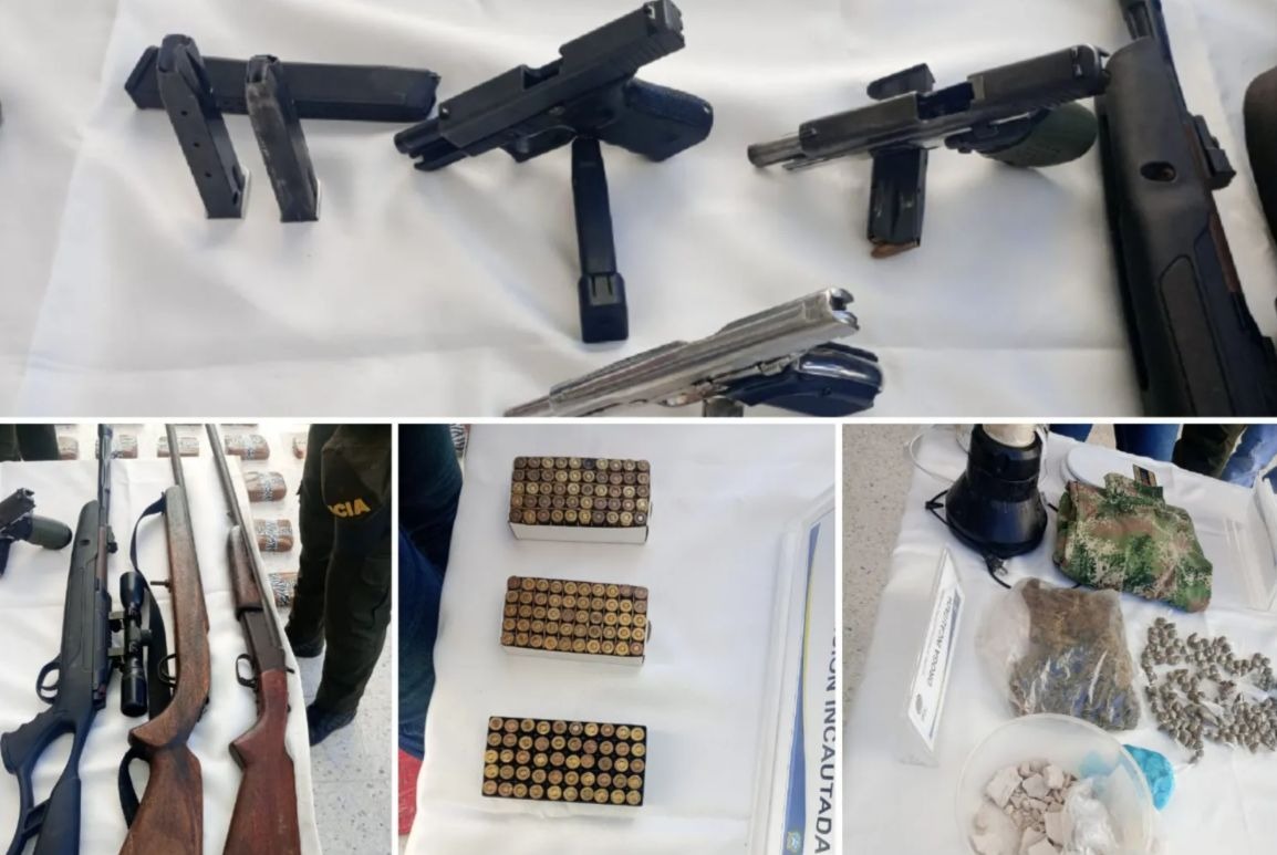 rcnradio's tweet photo. Cayó una red de tráfico de armas en La Paz (Cesar), seis personas fueron capturadas. Durante la operación se  incautaron  3 pistolas, 3 escopetas, 222 cartuchos de 9 mm, 1 granada de fragmentación y 5 celulares. https://t.co/e3nK39sCLa