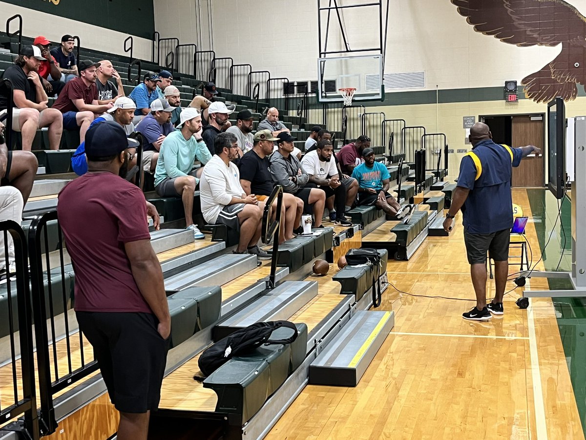 CoachPatton36's tweet photo. Wrapping it up for the day is  Coach Ware from @cyranchfootball talking about the “no fly zone” (DBs) and Coach Norris from @jvfalconsath reiterating the importance of a sound kicking game.   🏈
#CFSA/CFISD. https://t.co/TCFQP0m6Ko