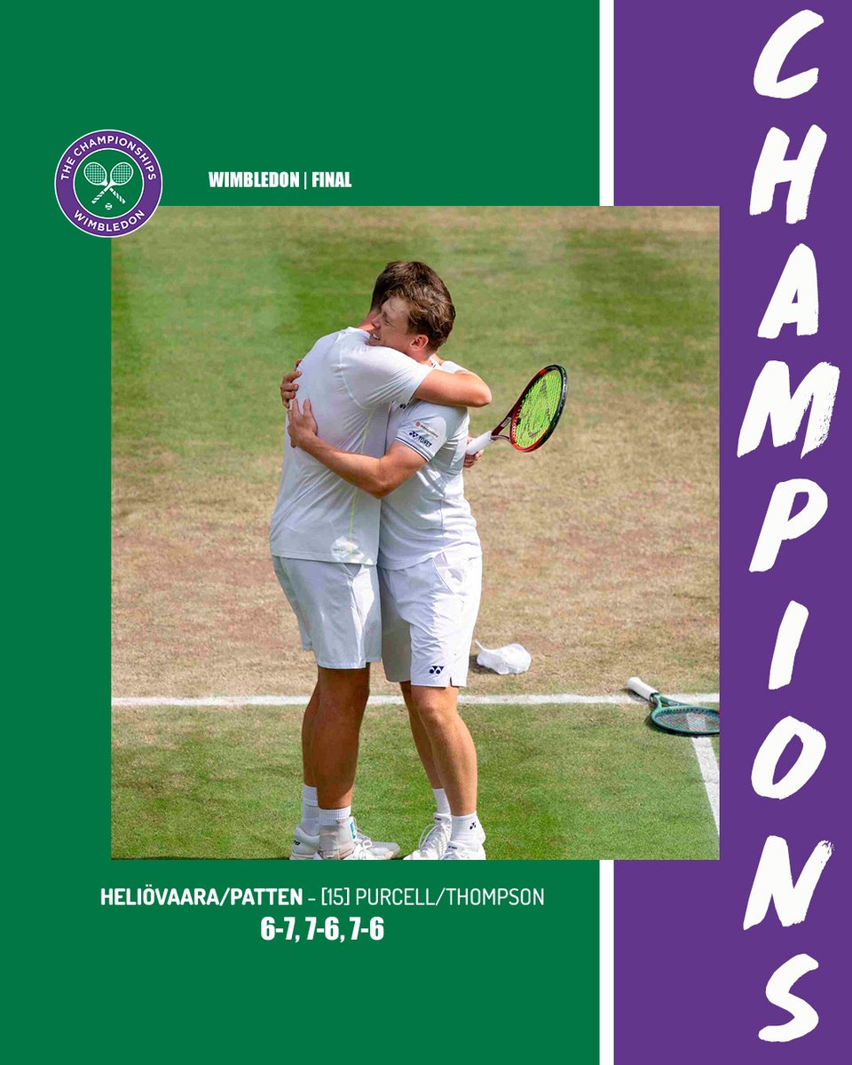 WIMBLEDONIN MESTARIT: HARRI HELIÖVAARA/HENRY PATTEN 🏆

Suomalais-brittipari nousee kolmen matsipallon takaa mestariksi Wimbledonissa erin 6-7(7), 7-6(8), 7-6(9).

Onnea Harri ensimmäisestä nelinpelin grand slam -turnausvoitosta!