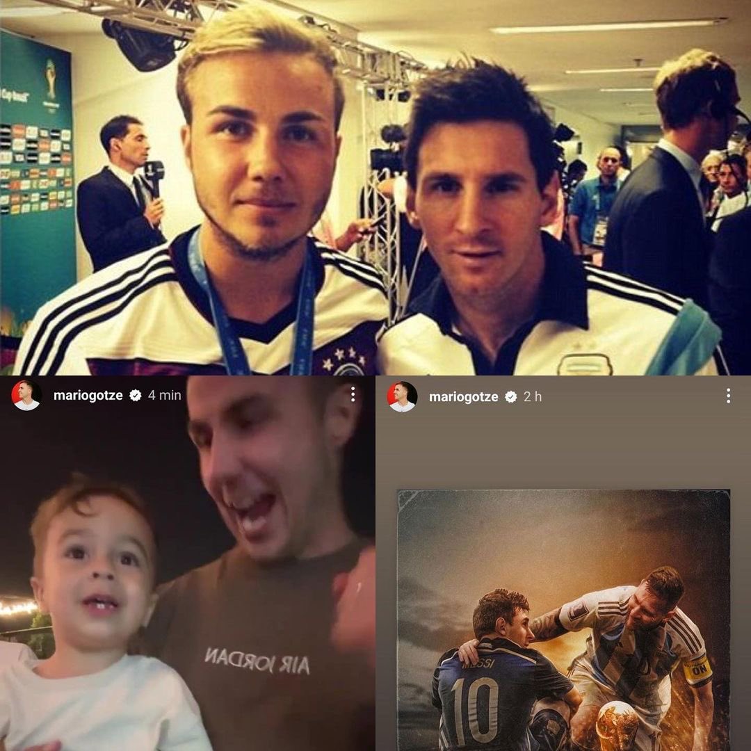 AtaqueFutbolero's tweet photo. 🔙🥹 Prohibido olvidar al villano de una historia mal contada: Mario Götze.

Hace 10 años, después del título en 2014, le pidió una foto a Lionel en la salida a los vestuarios, él se la concedió y el alemán, al rato, le dedicó unas palabras:

“Me felicitó por el triunfo y sonrió. Es un ser humano extraordinario”.

El 18 de diciembre de 2022, mientras Argentina se jugaba la gloria en Qatar, Götze se filmó y festejó los goles de Messi vía Instagram escuchando “Muchachos” junto a su familia, y hasta publicó una imagen del 10, a modo de reverencia.

Las vueltas del fútbol y de la vida. 🤝