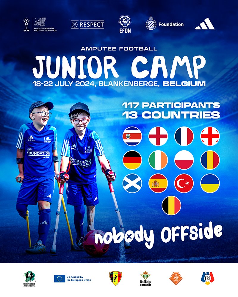 EuroAmp's tweet photo. We are growing๐ช๐
13 countries๐
117 players๐ฎ
95 juniors๐ง
22 seniors๐ง
Amputee Football Junior / Nobody Offside Camp๐ฅ
It's coming soon๐
#EAFFJuniorCamp #NobodyOffside #EUSport @EUErasmusPlus @adidas @UEFA @ClubBruggeFound @EU_Commission @EFDN_tweets ๐ https://t.co/lvekVJOeCo