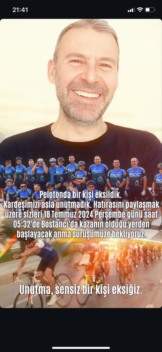 Bisiklet Kulübü (@bisikletkulubu_) on Twitter photo Maltepe Bisiklet Kulübü (<a href="/CyclingMaltepe/">Maltepe Cycling Club</a>) Doğanay Güzelgün’ü anmak için onun hayatını kaybettiği saatte bir tur daha düzenleyecek.
Anma turu, kazanın olduğu saat olan sabah 05.32’de, kazanın olduğu yer olan Bostancı’da başlayacak. 👇 Maltepe Bisiklet Kulübü (<a href="/CyclingMaltepe/">Maltepe Cycling Club</a>) Doğanay Güzelgün’ü anmak için onun hayatını kaybettiği saatte bir tur daha düzenleyecek.
Anma turu, kazanın olduğu saat olan sabah 05.32’de, kazanın olduğu yer olan Bostancı’da başlayacak. 👇
