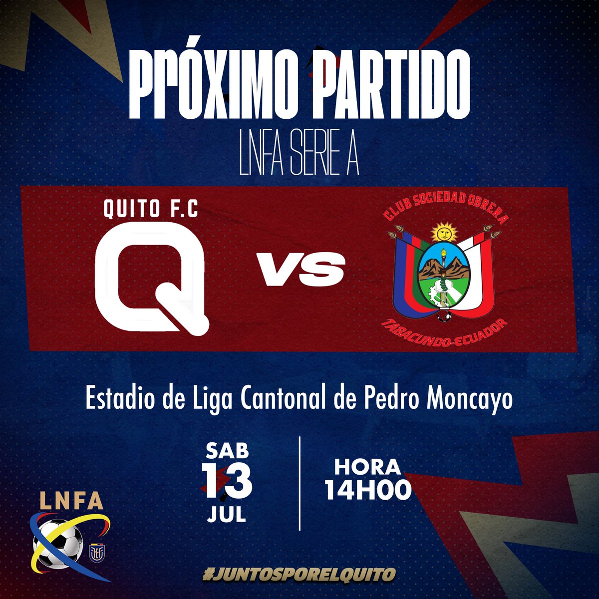 quitofc2's tweet photo. Próximo partido 💙❤️

Nuevo objetivo trazado 🔥

🆚 Club Sociedad Obrera
🕣 14h00
🏟️ Estadio de la L. D. C. Pedro Moncayo
🗓️ 13 de julio

Vamos equipo 🔵🔴

#Fútbol #Ecuador #Quito #Soccer https://t.co/EcQez9efs5