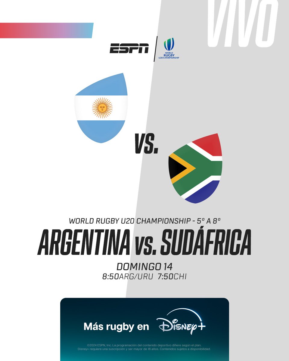 ScrumESPN's tweet photo. 🇦🇷🇿🇦 Los Pumitas se miden ante Sudáfrica, para definir al finalista por el quinto puesto del Mundial M20.

📆 Domingo 14
⏰ 08:50 ARG
➕ Disney+
📺 ESPN 2

#DisneyPlus https://t.co/nekrkB7kAb