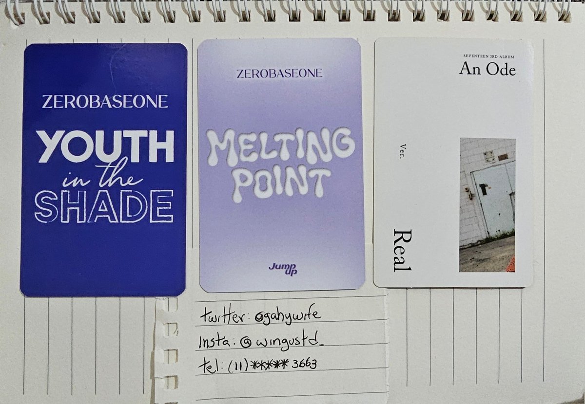 VENDA/VENDO | #ZEROBASEONE #ZB1 #SEVENTEEN

Jiwoong Youth in the Shade Ktown4u POB - R$30
Gunwook Melting Point Digipack Jump Up POB - R$45
Hoshi An Ode Real ver. - R$30

❕ Reservo por 24hrs
🚚 Frete não incluso
💌 Feedbacks/Proofs: instagram.com/wingustd_