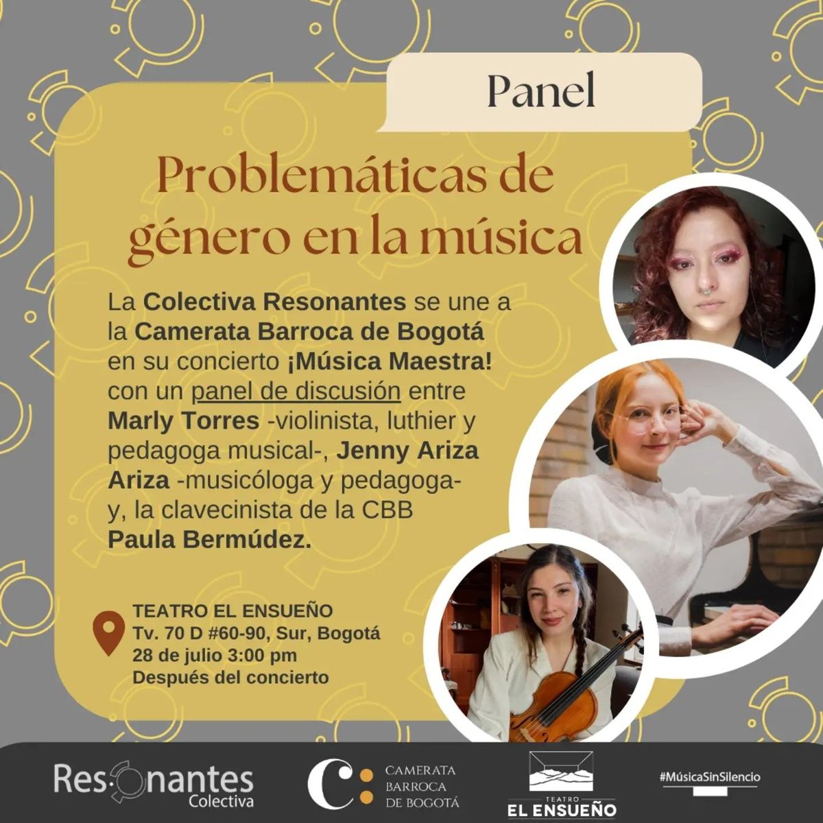 <a href="/resonantesco/">Resonantes Colectiva</a>  se une a la Camerata Barroca de Bogotá en su concierto ¡Música Maestra! con un panel de discusión entre Marly Torres -violinista, luthier y pedagoga musical-, Jenny Ariza -musicóloga y pedagoga- y, la clavecinista de la CBB
Paula Bermúdez.