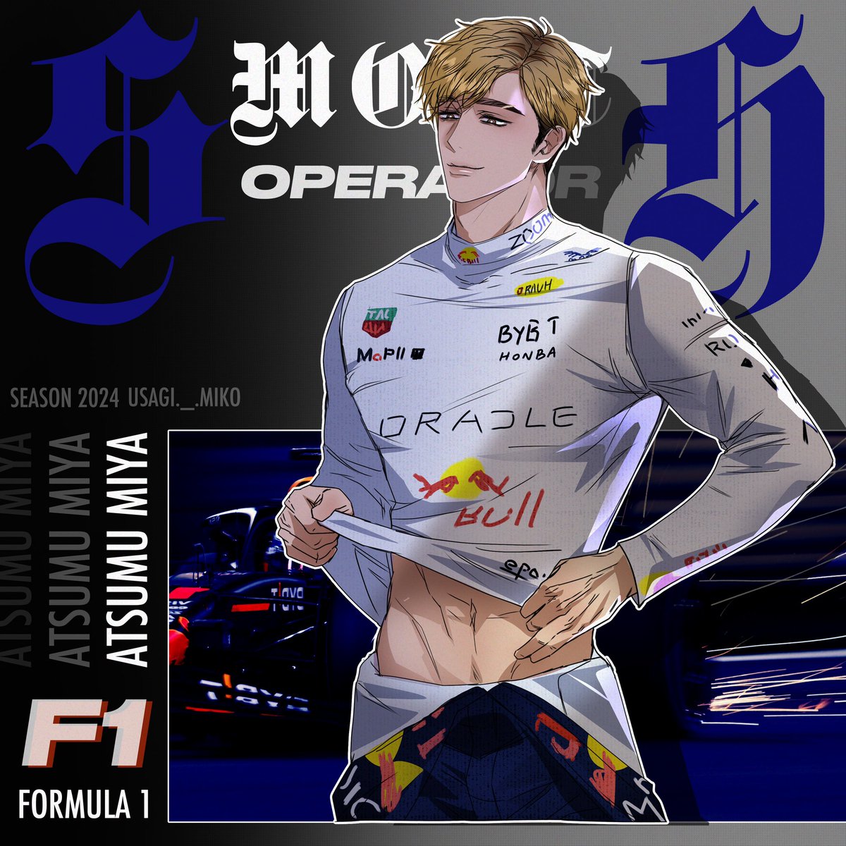 usagi_miko_draw's tweet photo. Smooth operator Atsumu F1 driver. 
Abs rules the world! #atsumumiya #Haikyuu https://t.co/UonYQKlCTG