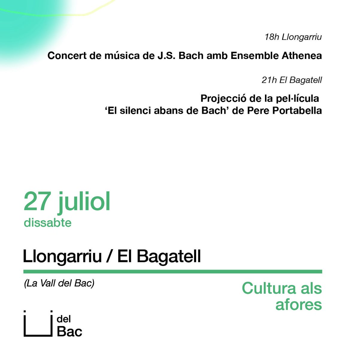UdelBac's tweet photo. Torna BACH A LA VALL DEL BAC!
El 27 de juliol, us proposem un concert de música de #JohannSebastianBach amb l'Ensemble Athenea, i la pel·lícula "El silenci abans de Bach" de #PerePortabella. Vindreu? 
És necessari reservar!
Més informació a https://t.co/Wyxb6vXJ4L!
#udelbac https://t.co/7nnhqm28Xt