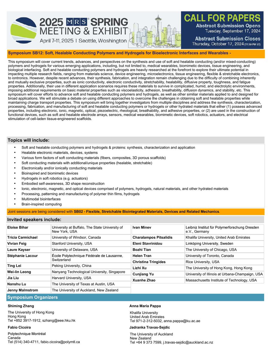 Shiming Zhang (@jluoled) on Twitter photo We are co-organizing the SB12 symposium at MRS Spring 2025. We have an excellent line up of invited speakers. If you're working on a related topic, please remember to submit an abstract in Sep 2024. Looking forward to our gathering in Seattle!!! <a href="/fabiocicoira/">Fabio Cicoira</a> <a href="/_annamariapappa/">Anna Maria Pappa</a> We are co-organizing the SB12 symposium at MRS Spring 2025. We have an excellent line up of invited speakers. If you're working on a related topic, please remember to submit an abstract in Sep 2024. Looking forward to our gathering in Seattle!!! <a href="/fabiocicoira/">Fabio Cicoira</a> <a href="/_annamariapappa/">Anna Maria Pappa</a>