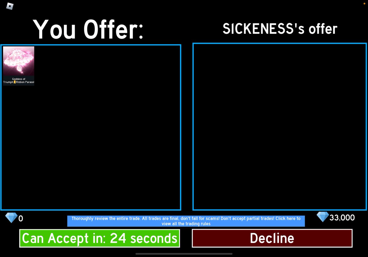 c_ssstephany's tweet photo. HII this user is a scammer ,we got into a conversation to trade robux for a royale high goddess of triumph parasol,he never gave me my robux. And them blocked me @SICKENESS_ https://t.co/puU4MoDptx