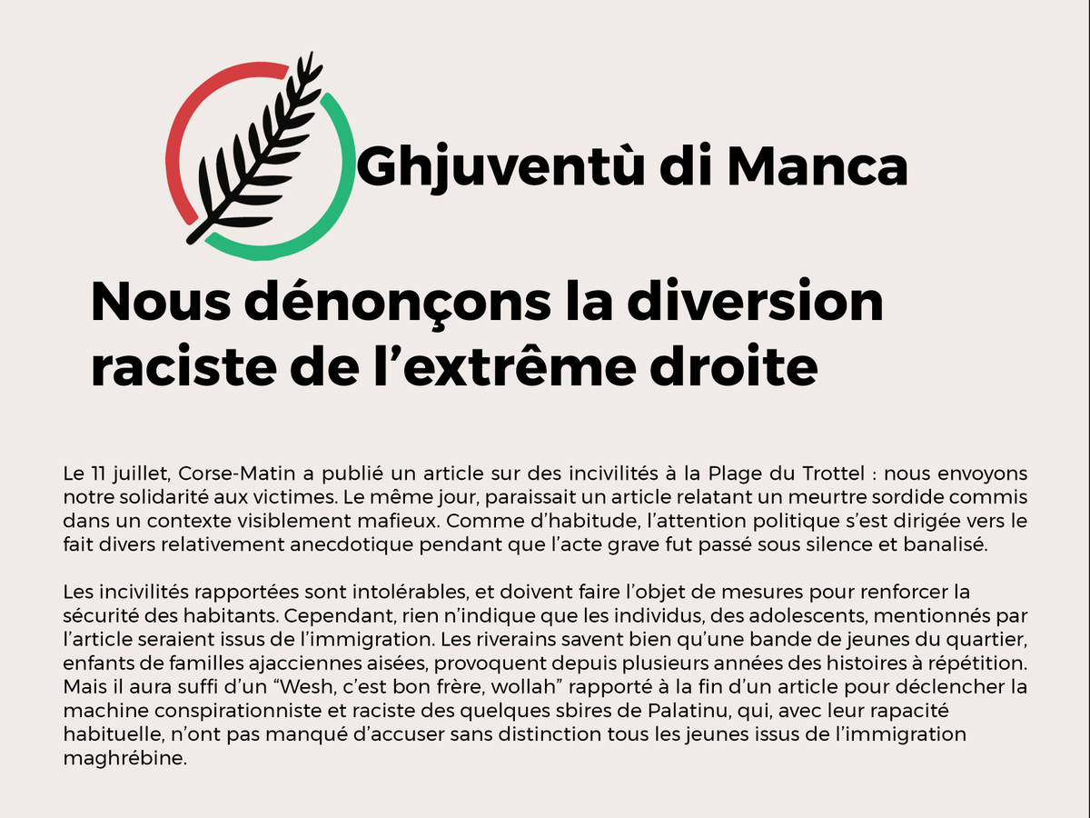 GhjuventuManca's tweet photo. D'un côté, des incivilités à la plage. De l'autre, un nouvel assassinat.

Lequel de ces faits divers a suscité l'attention des partis politiques ?

Il est encore temps de se consacrer aux vrais problèmes - l'emprise mafieuse - et d'arrêter avec la surenchère raciste. https://t.co/ktIC8SoZE7