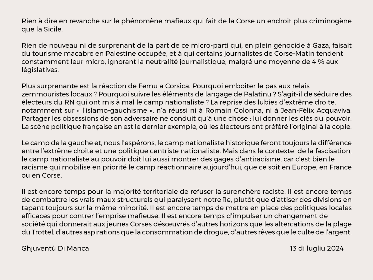 GhjuventuManca's tweet photo. D'un côté, des incivilités à la plage. De l'autre, un nouvel assassinat.

Lequel de ces faits divers a suscité l'attention des partis politiques ?

Il est encore temps de se consacrer aux vrais problèmes - l'emprise mafieuse - et d'arrêter avec la surenchère raciste. https://t.co/ktIC8SoZE7