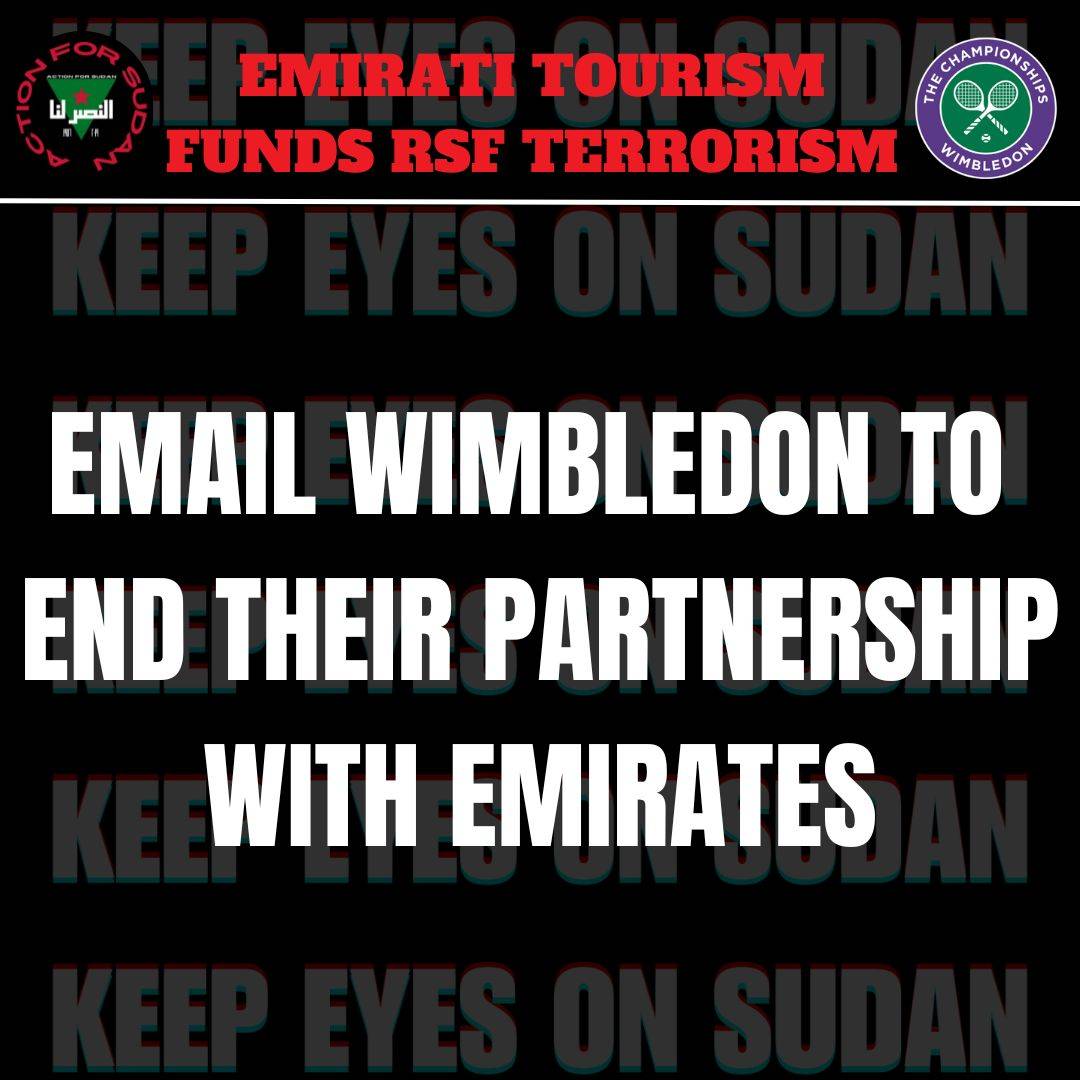 XRLondon's tweet photo. More protest today at Wimbledon against their  toxic sponsors. End #sportswashing

Emirates is the state airline of UAE - UAE  fuelling a genocidal civil war in Sudan, by supplying weapons and funds to paramilitary groups. 

#Wimbledon  cut your ties with Emirates and UAE https://t.co/gLkFcmkhTK