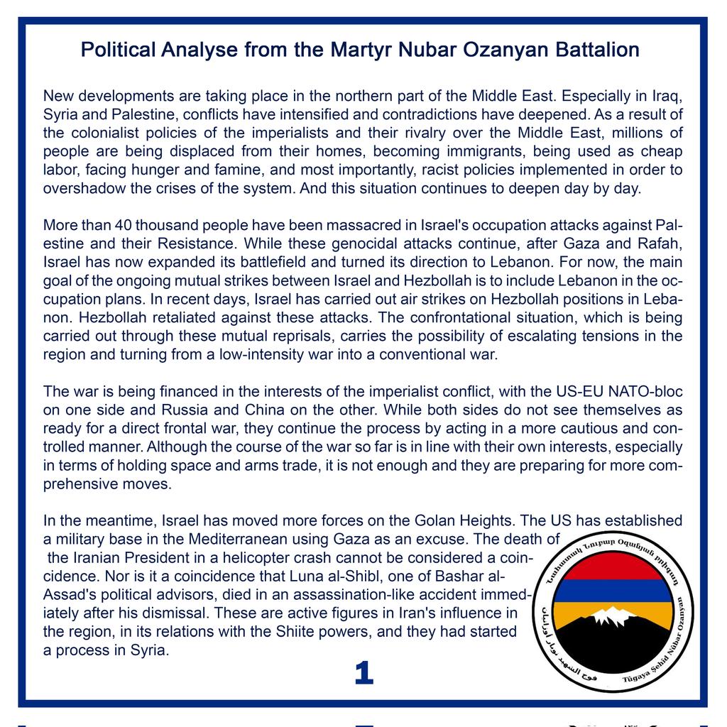 ArmeniaRojava's tweet photo. Monthly political analysis from the Martyr Nubar Ozanyan Battalion. Part 1
#NubarOzanyan #InvadingTurkishArmy https://t.co/WPL28XszZd