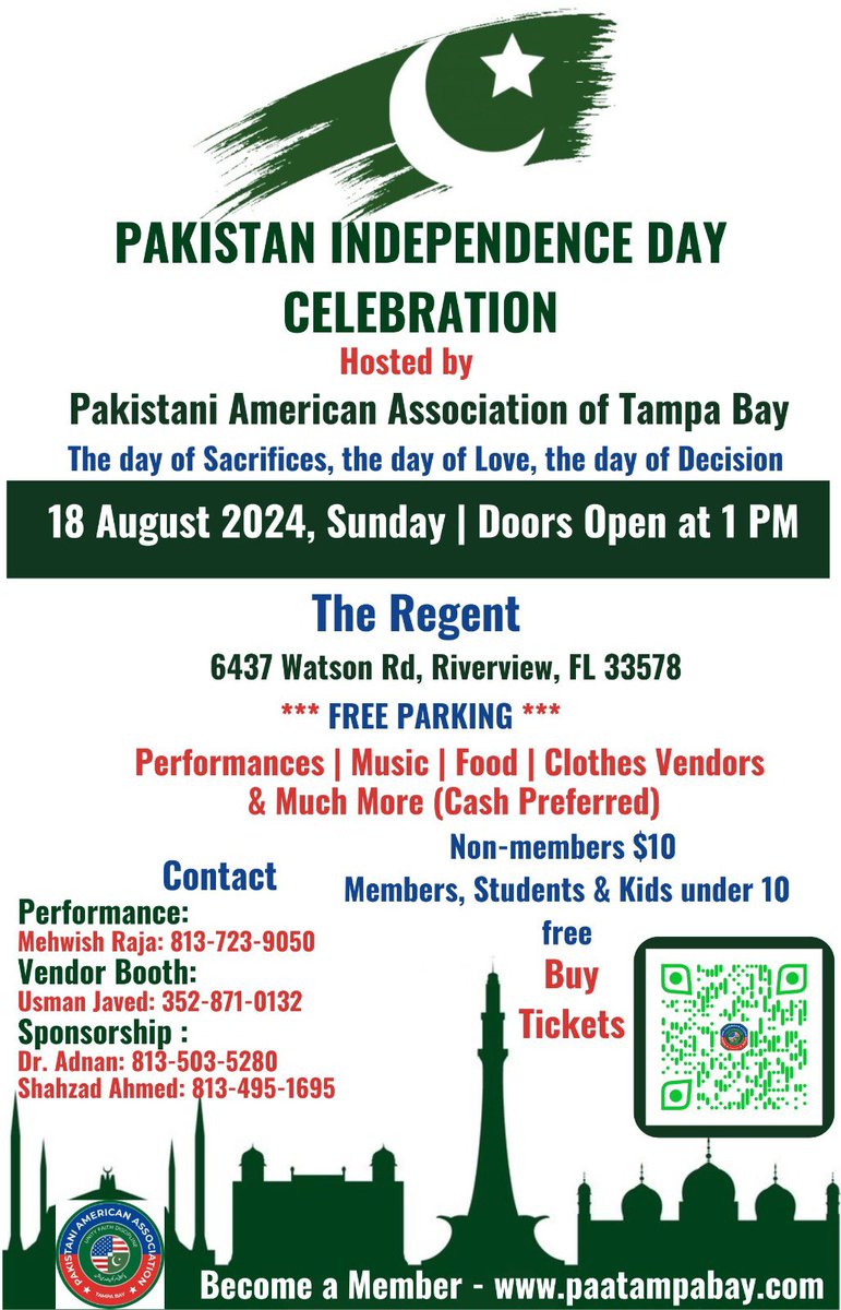 PAATampa's tweet photo. Join us on Sunday, August 18 at The Regent to celebrate Pakistan’s 77th Independence Day! Performances, Music/Clothes Vendors and More! Doors open at 1pm. Free entry for Members, Students/Kids Under 10. Non-Members: $10. Free Parking. Tickets: 
https://t.co/eC6KGKvrbF #Tampa https://t.co/Jx1Mnbn2qk