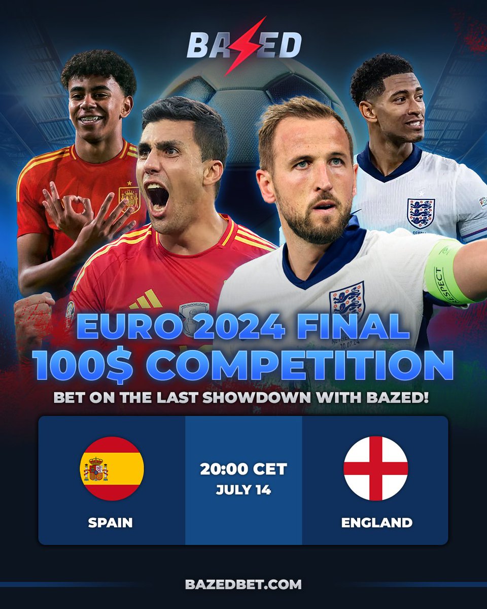 BazedArmy's tweet photo. 100 $USDT #EURO2024 Finals Competition! 🏆⚽

We've reached the final stage of the tournament with Spain taking on England in tomorrow's game! 🇪🇸 vs. 🏴󠁧󠁢󠁥󠁮󠁧󠁿

To Enter the Competition:
1. Retweet 🔁 Like ❤️ Follow 👥
2. Comment what minute the 1st goal will be scored at! ⏱️⚽

$BAZED

#DepositBonus #Slots #SportsBetting #Competition
