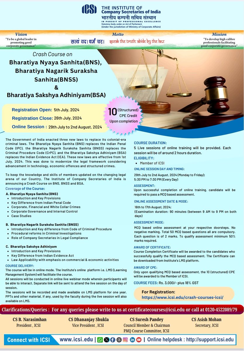 icsi_cs's tweet photo. Register Now for #ICSICrashCourse on #BNS, #BNSS &amp; #BSA and #NBFC @ https://t.co/H8GDVhSQRT https://t.co/bhoukUMX8P
