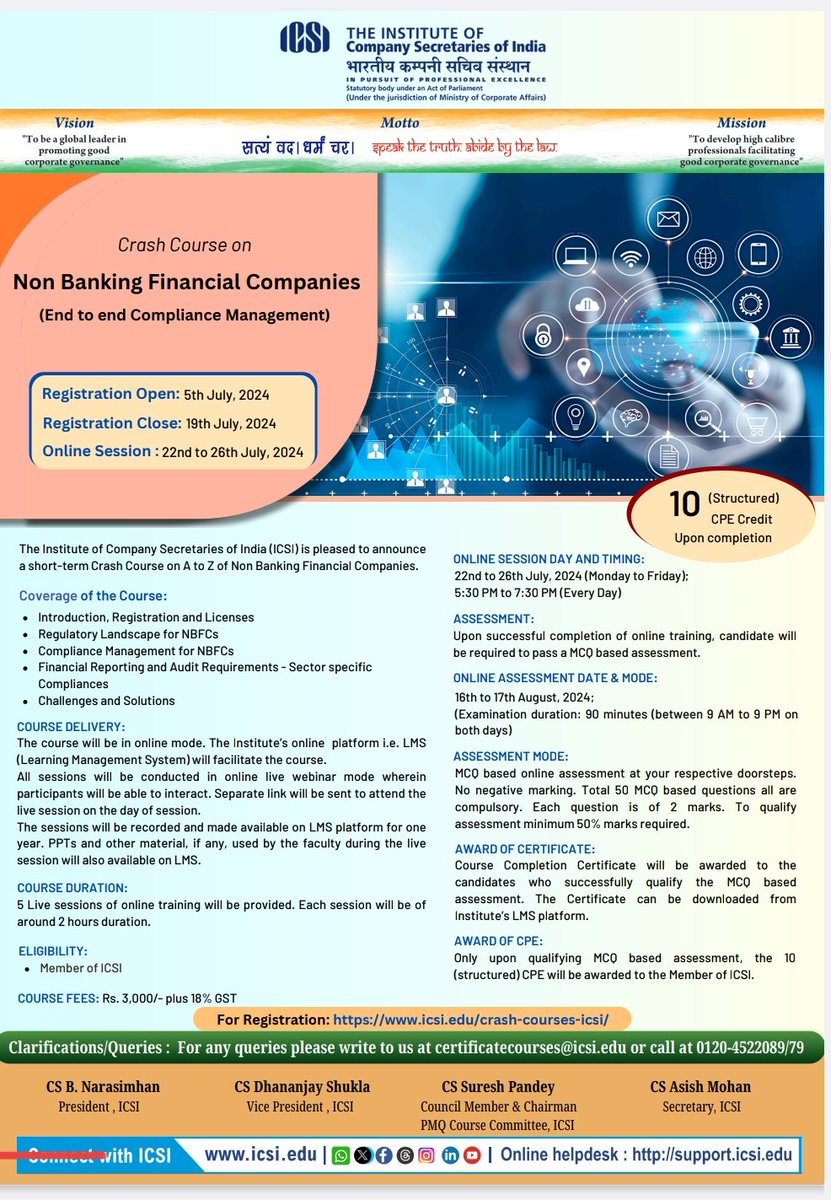 icsi_cs's tweet photo. Register Now for #ICSICrashCourse on #BNS, #BNSS &amp; #BSA and #NBFC @ https://t.co/H8GDVhSQRT https://t.co/bhoukUMX8P
