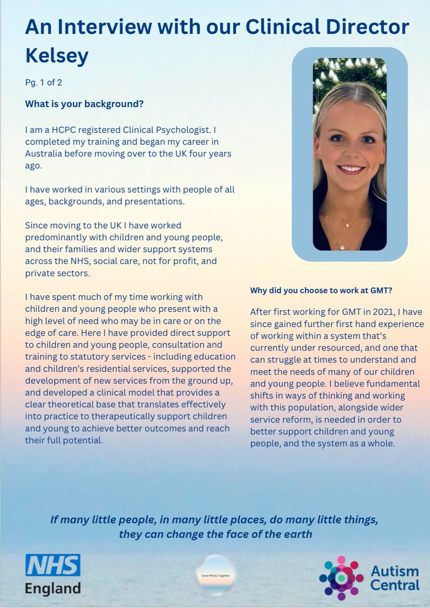 greatmindsmcr's tweet photo. Welcome to Kelsey, our new Clinical Director. 

Kelsey returns to GMT after originally working for us back in 2021. 

She brings extensive knowledge and experience, and will be key in supporting us to achieve our system change aspirations for neurodivergent children 💫 https://t.co/LrtePbspJl